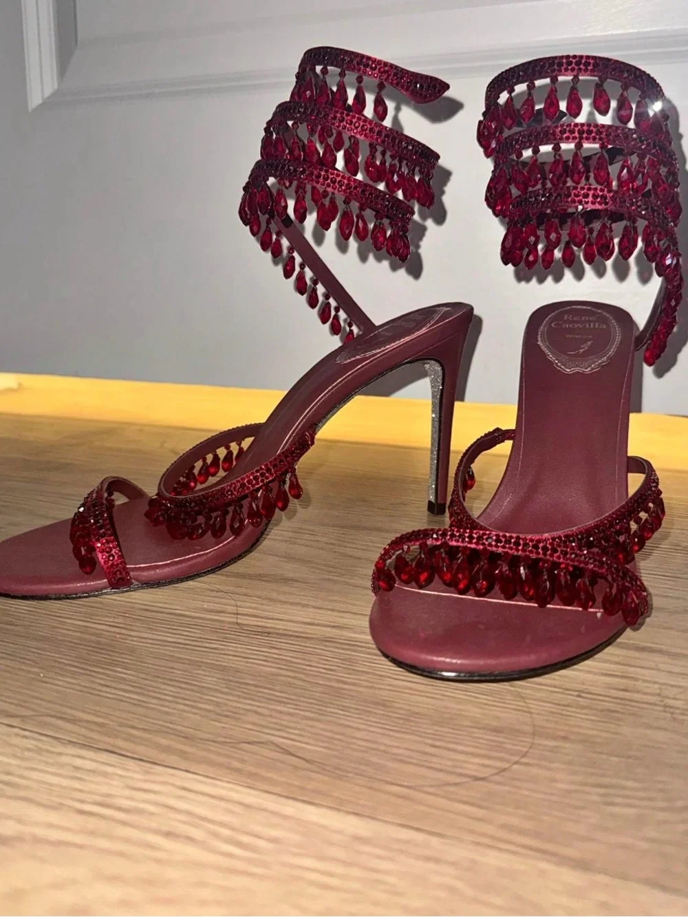 Rene Caovilla Red Satin Strappy Jeweled Stiletto Sandals